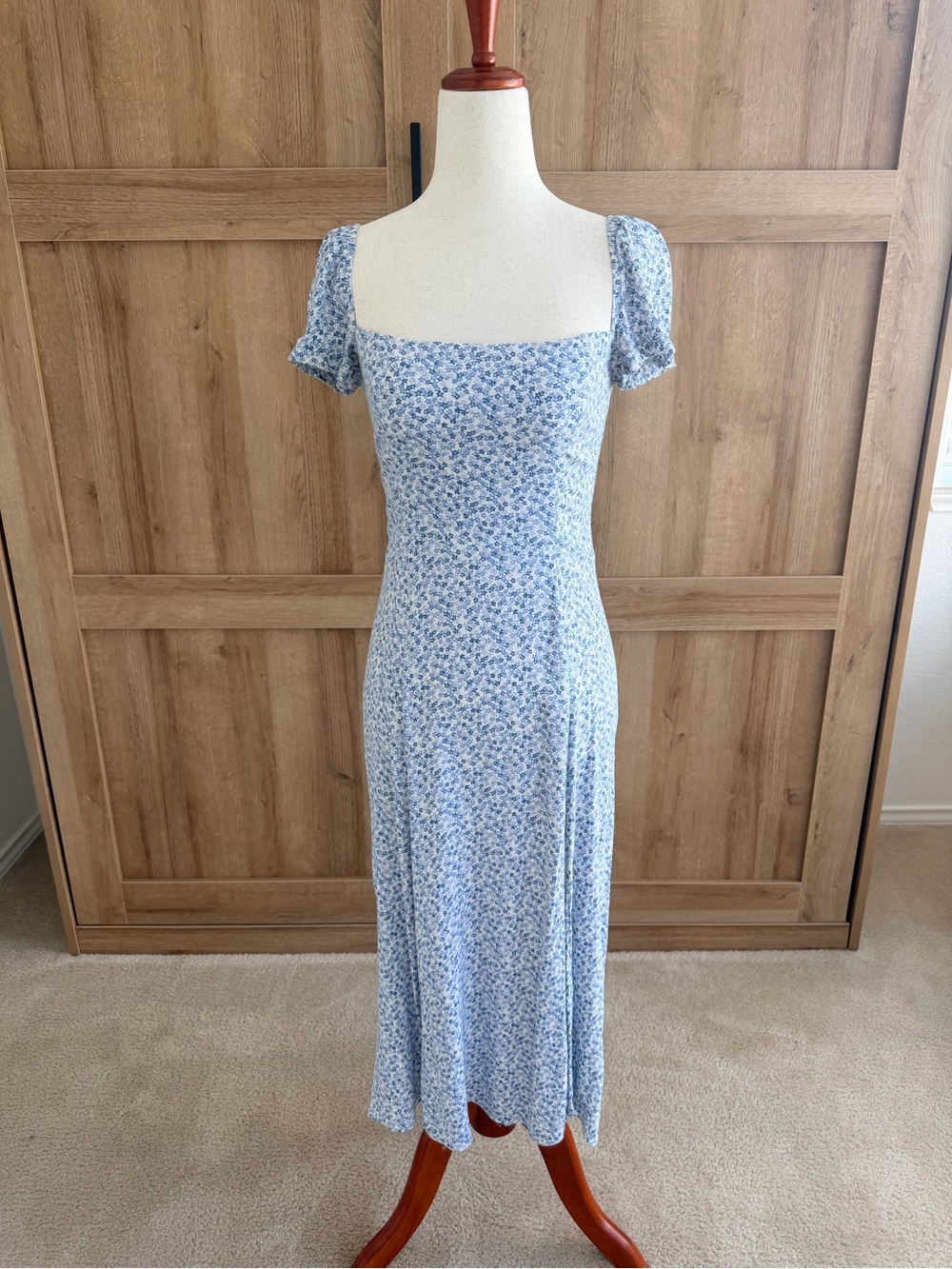 Reformation Light Blue Floral Square-Neck Midi Dress